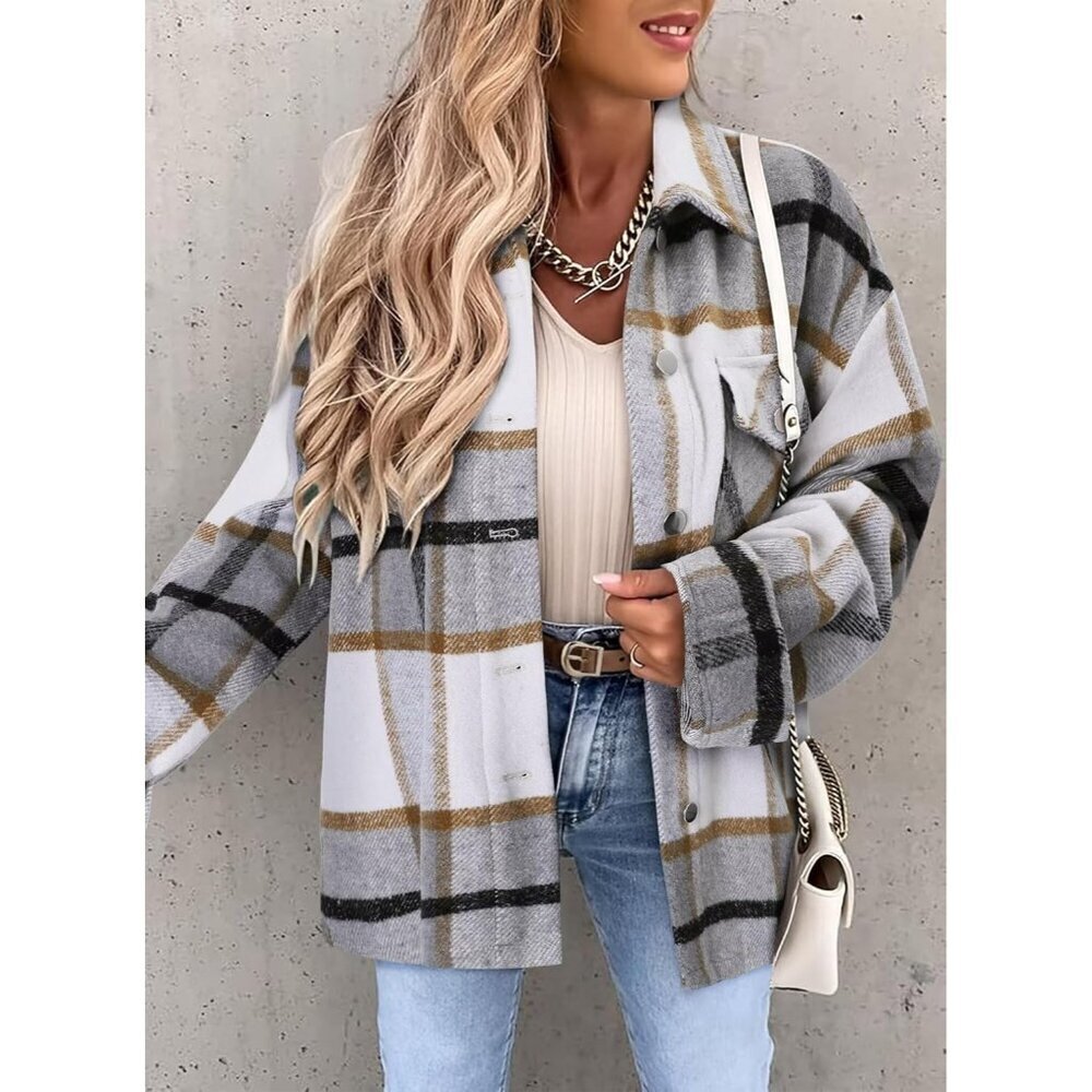 Women Gray Collared V Neck Button Down Oversized Long Sleeve Shirt Top - Picture 3 of 5